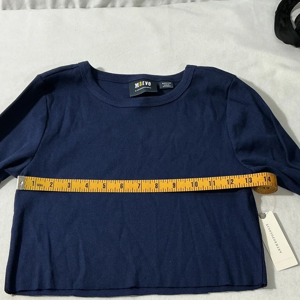 Maeve Navy Ribbed Long-Sleeve Crop Top